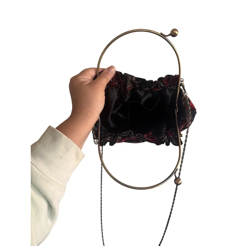 Vintage Style Black Velvet Floral Beaded Evening Bag Red Flower Ring Handle